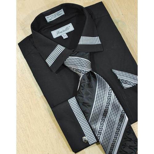 Fratello Black Houndstooth Patch Shirt / Tie / Hanky Set With Free Cufflinks FRV4109P2
